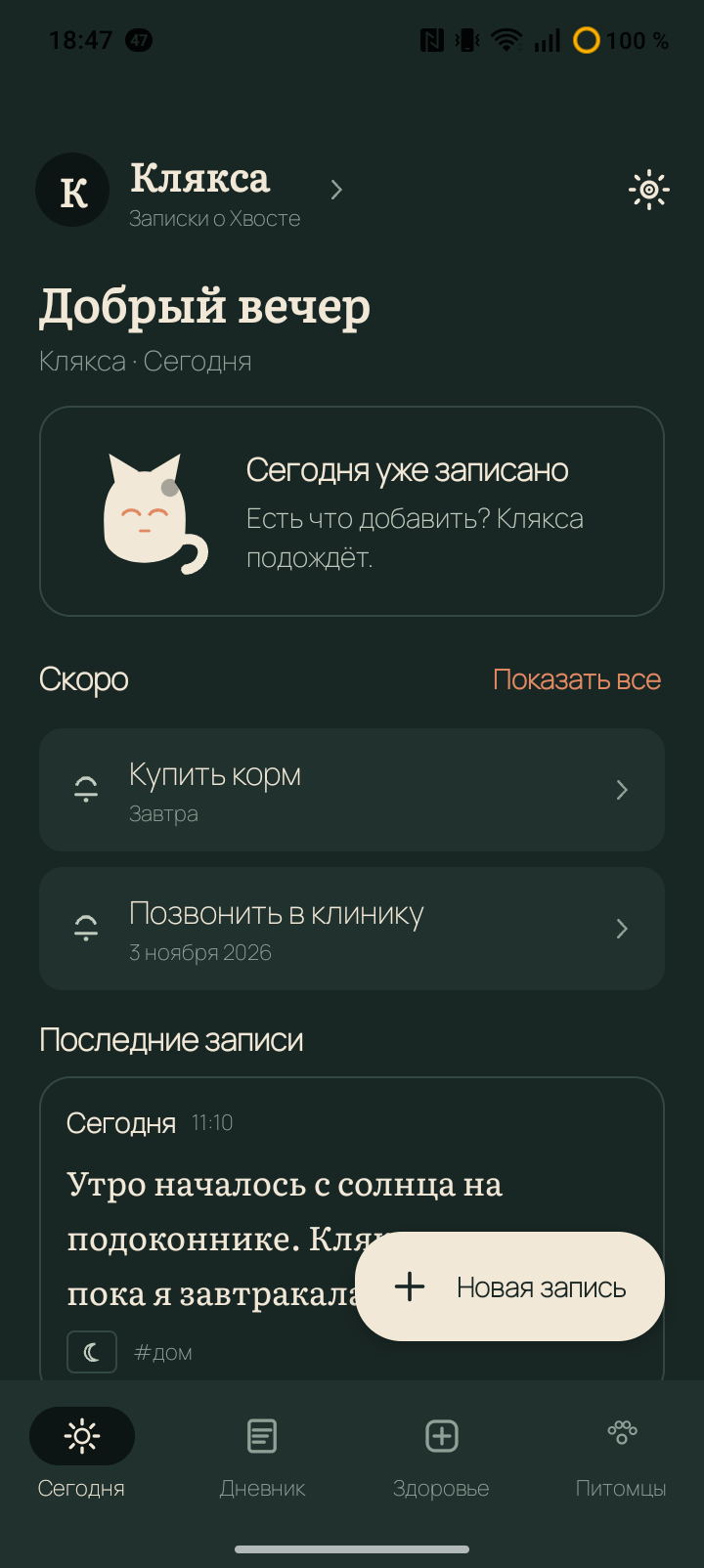 Тот же экран «Сегодня» в тёмной теме